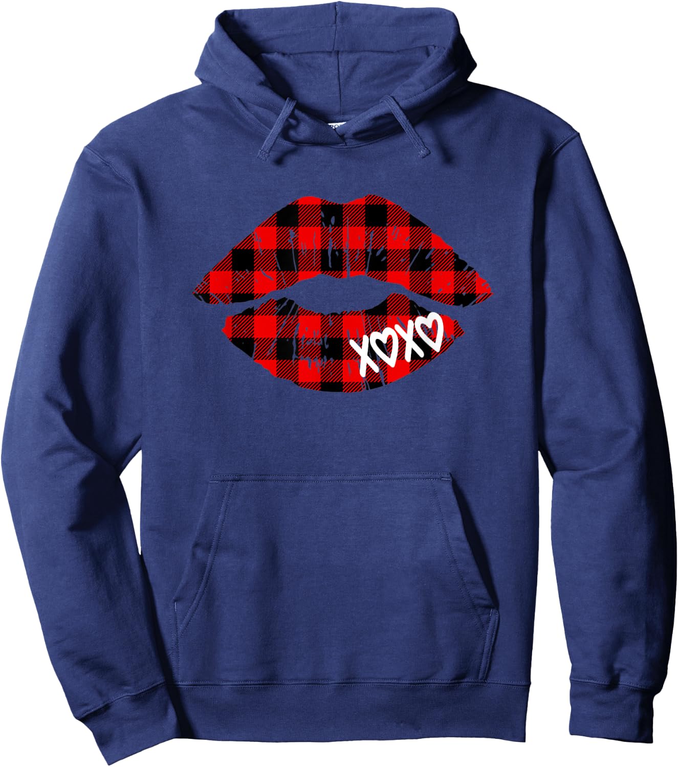 Red Buffalo Plaid Lips T Shirt Valentine Day XOXO Women Girl Hoodie - Hoodie | Navy