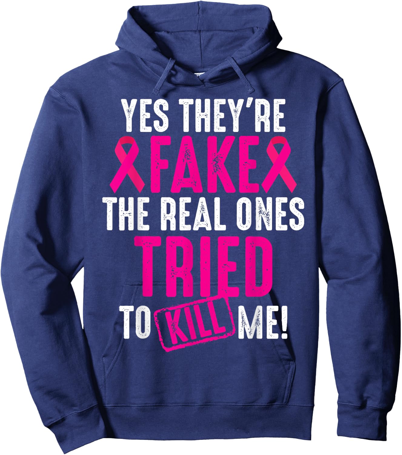 Funny Yes They're Fake | Cool Breast Cancer Awareness Gift Hoodie - Hoodie | Navy