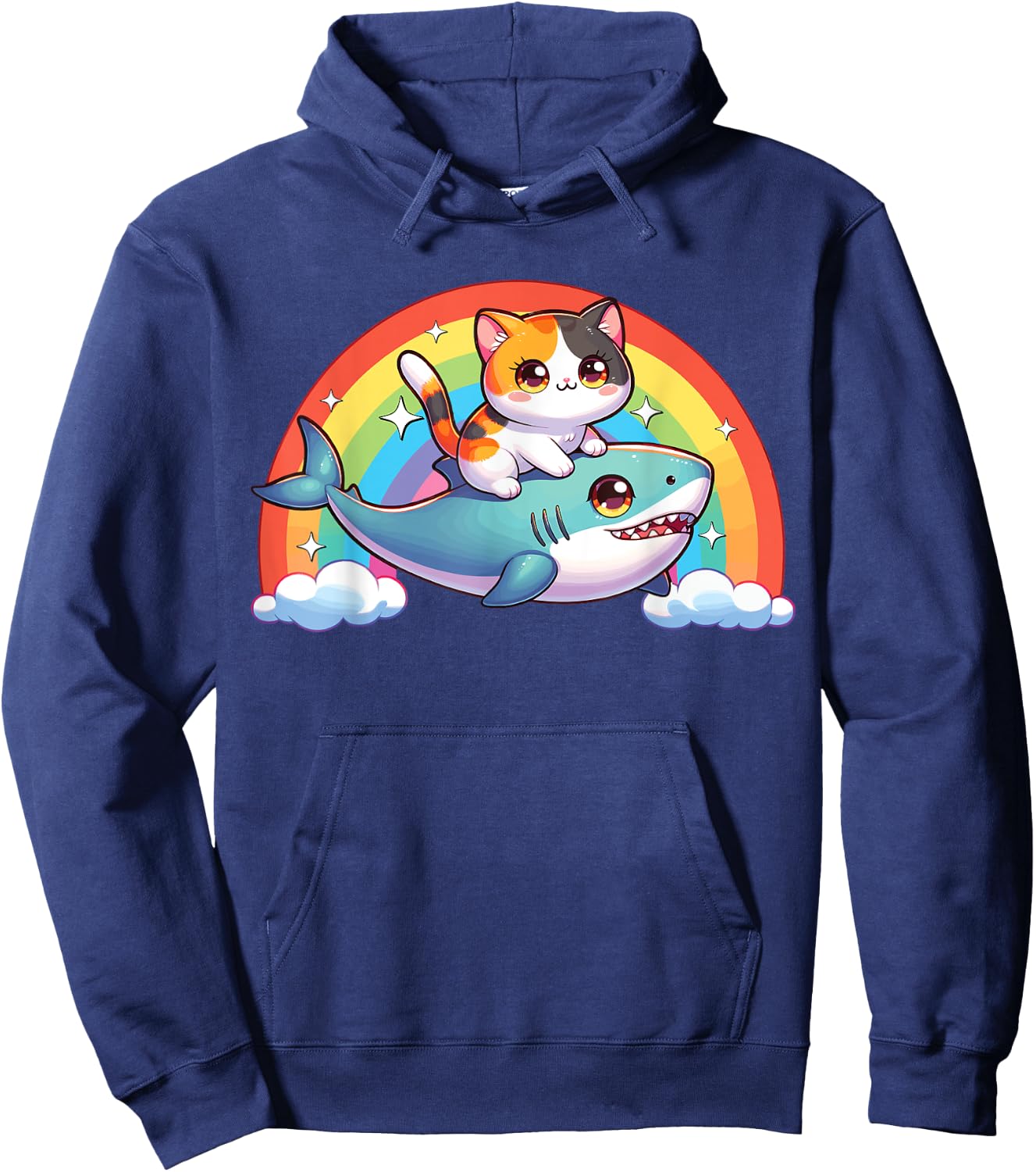 Cat Riding Shark, Kawaii Magical Calico Cat, Cat On Shark Hoodie - Hoodie | Navy