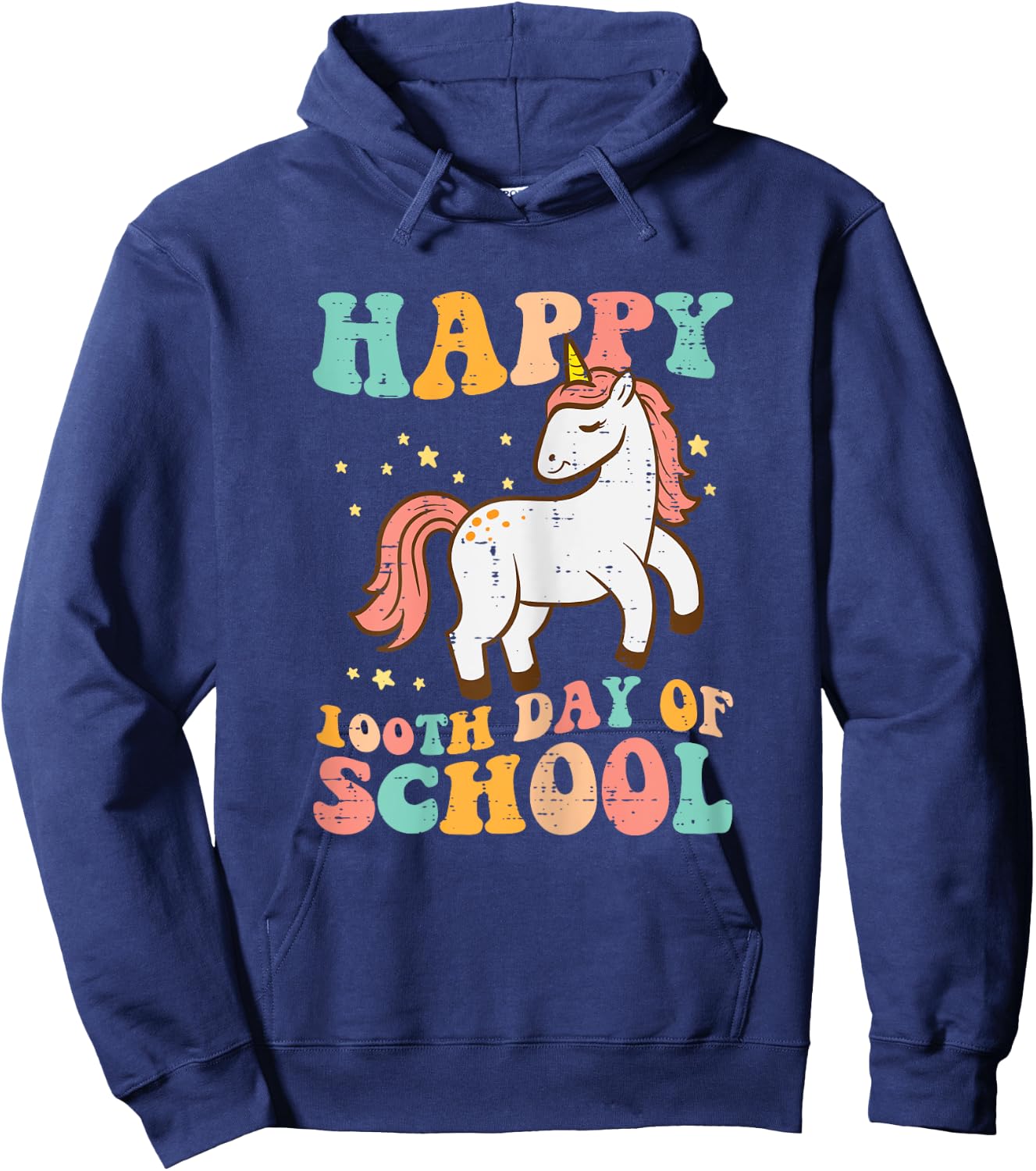 Happy 100th Day School Unicorn Retro 100th Day Women Girls Hoodie - Hoodie | Navy
