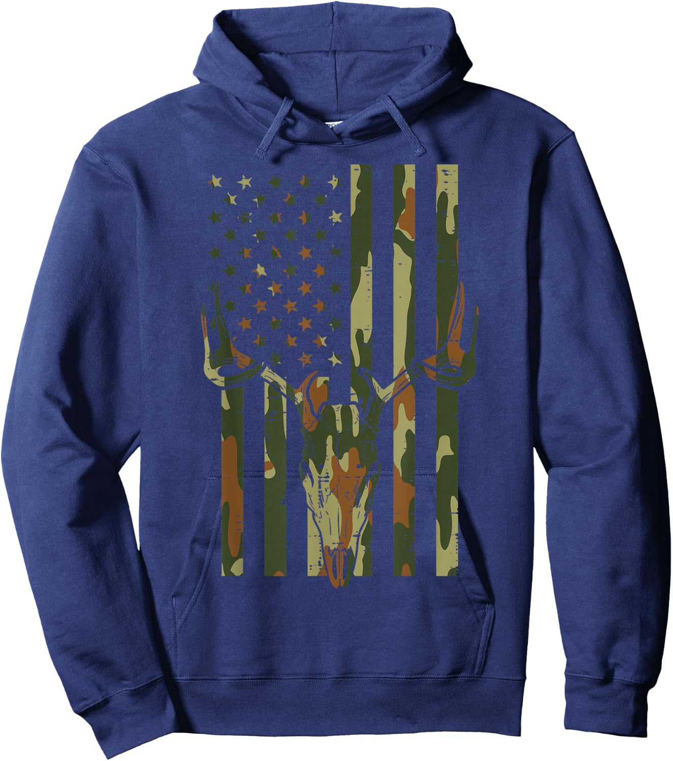 Camo US Flag Deer Skull Vintage Hunting Patriotic Hunt Dad Hoodie - Hoodie | Navy