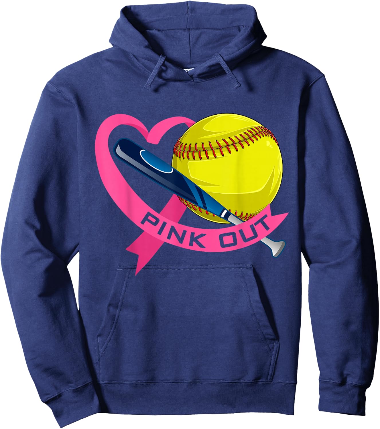 Pink Out Breast Cancer Pink Ribbon Heart With Softball Ball Hoodie - Hoodie | Navy