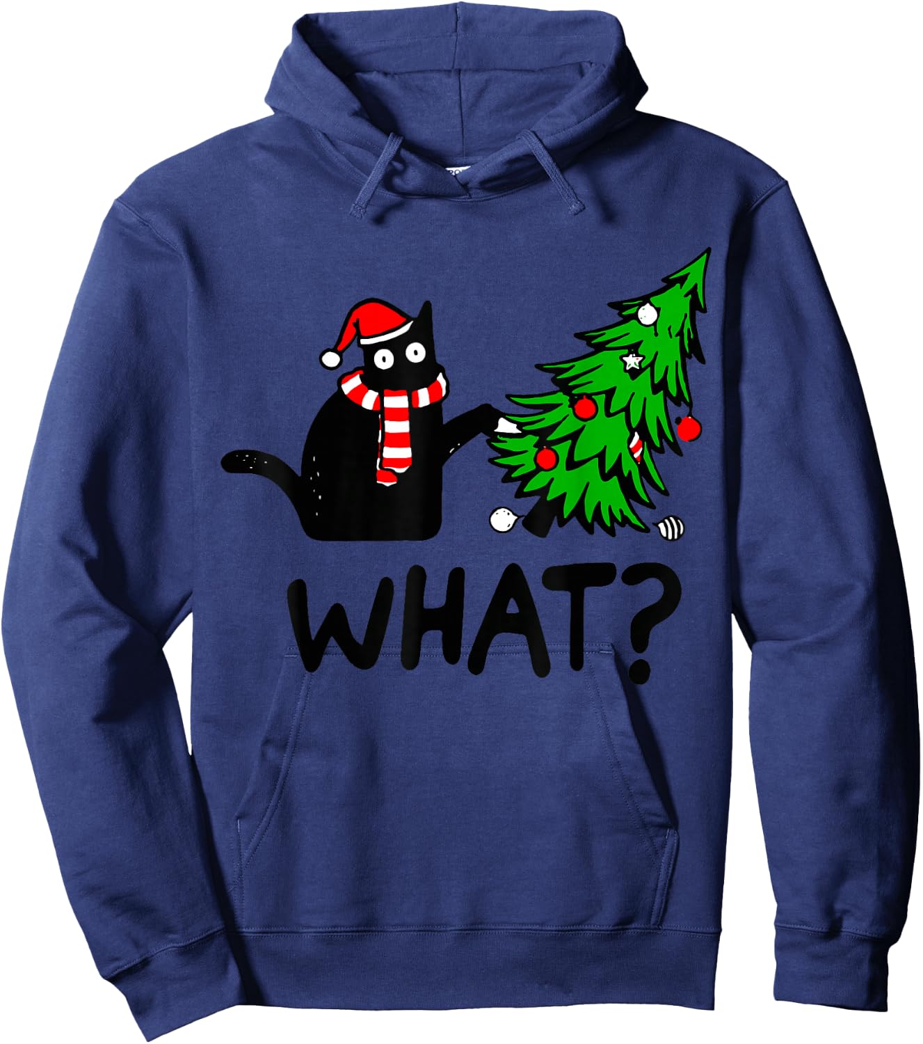 Funny Black Cat Gift Pushing Christmas Tree Over Cat What? Small Hoodie - Hoodie | Navy