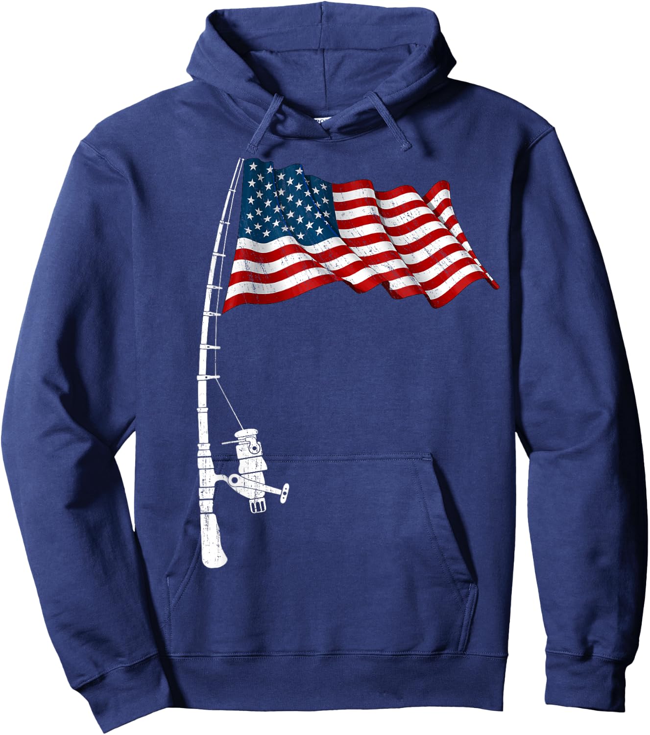 Vintage Fishing Rod American Flag Funny Fishing 4th of July Men Hoodie - Hoodie | Navy
