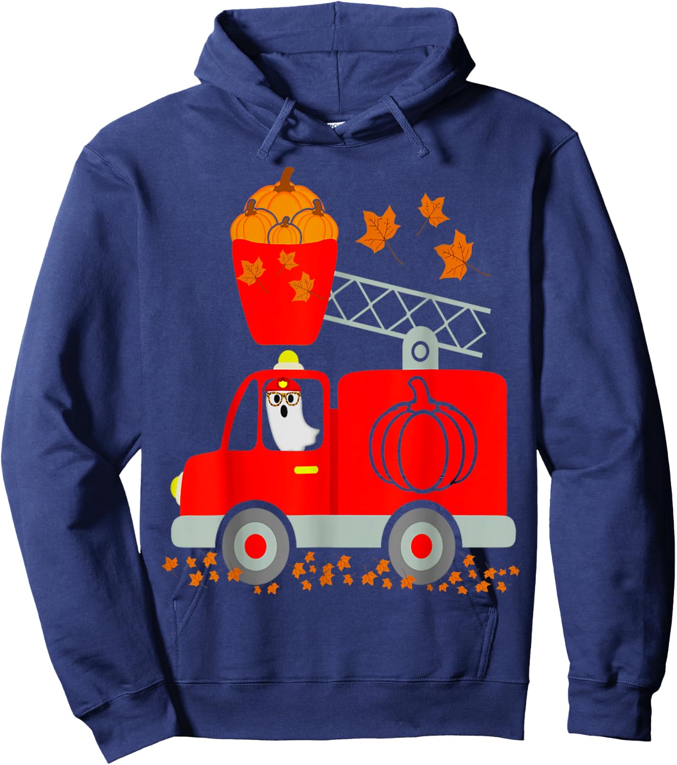 Funny Ghost Pumpkin Fire Truck Halloween For Son Kids Adult Hoodie - Hoodie | Navy