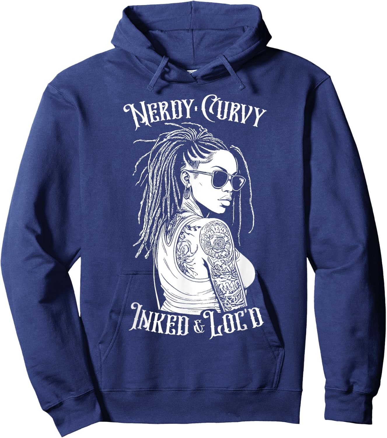 Black Girl Nerdy Curvy Inked And Loc’d Tattoo Woman Hoodie - Hoodie | Navy
