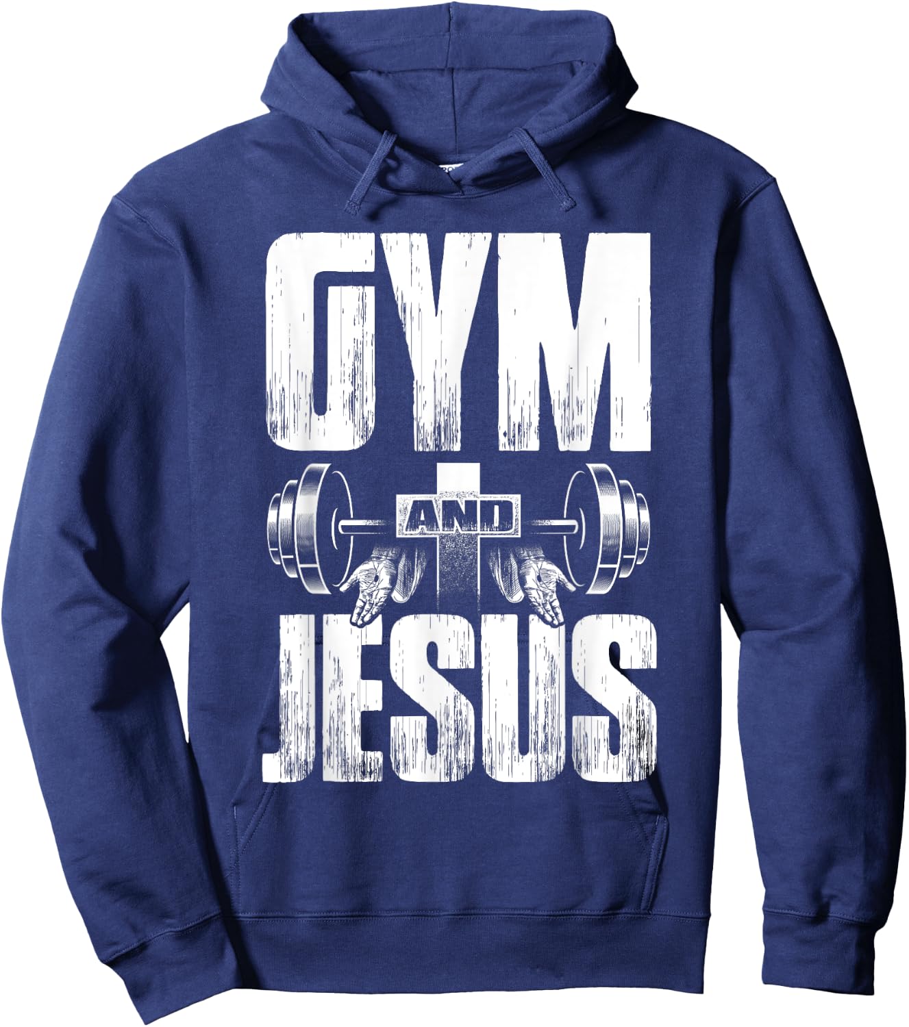Fitness Fanatic By Pemissa Religious Workout Gym Jesus Barbell Lifting Weights Black Modern Letter Print Hoodie - Hoodie | Navy