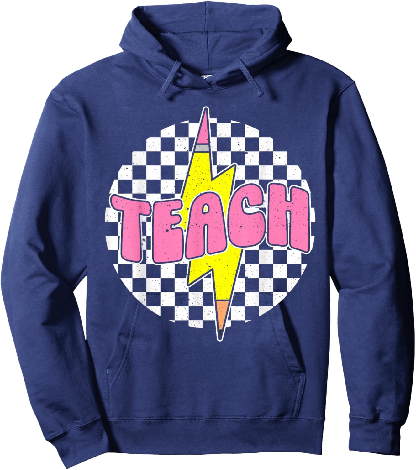 Checkered Teach Pencil Lightning Bolt Back To School Hoodie - Hoodie | Navy