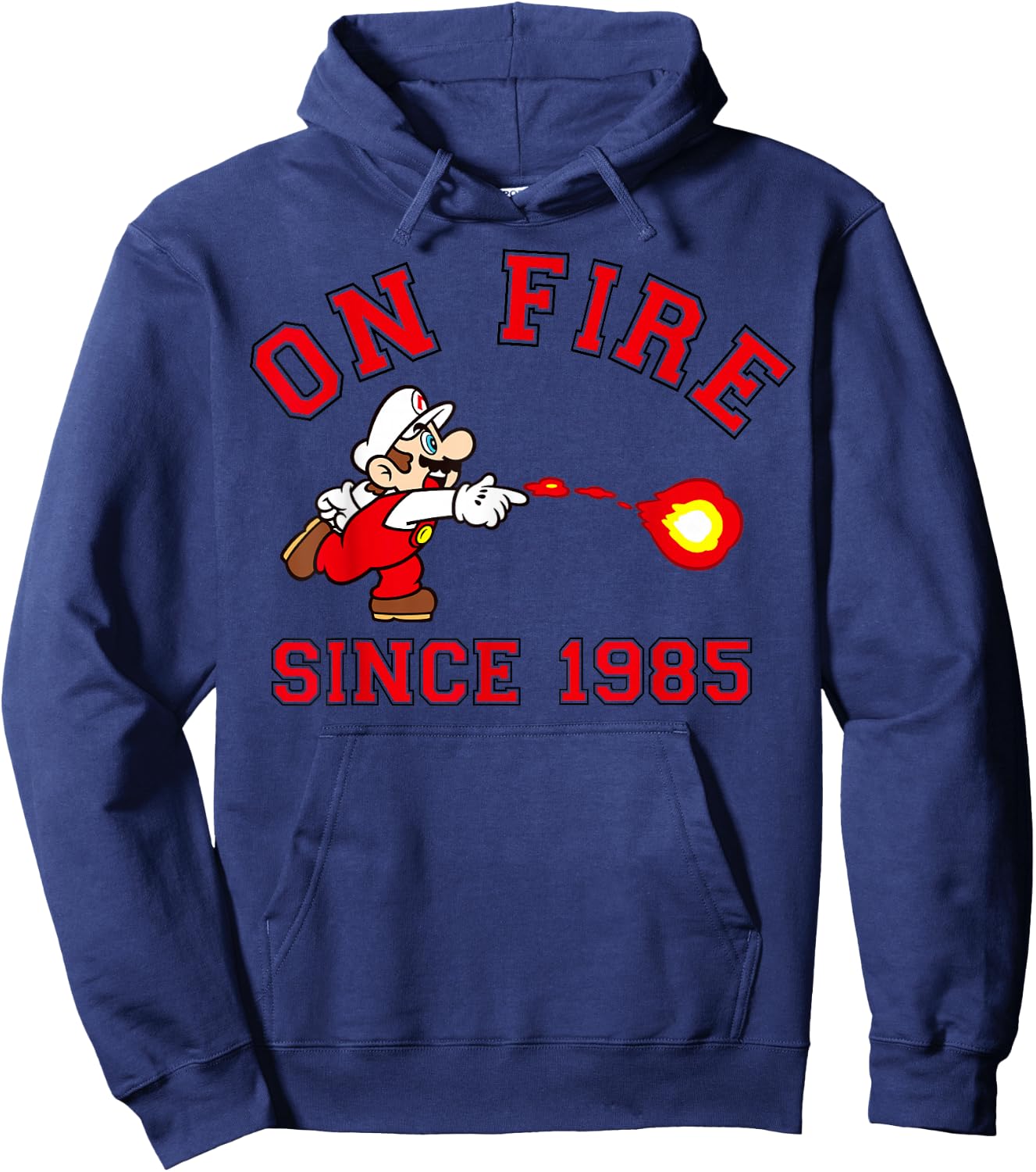 Super Mario Bros On Fire Since 1985 Red Text Collegiate Hoodie - Hoodie | Navy