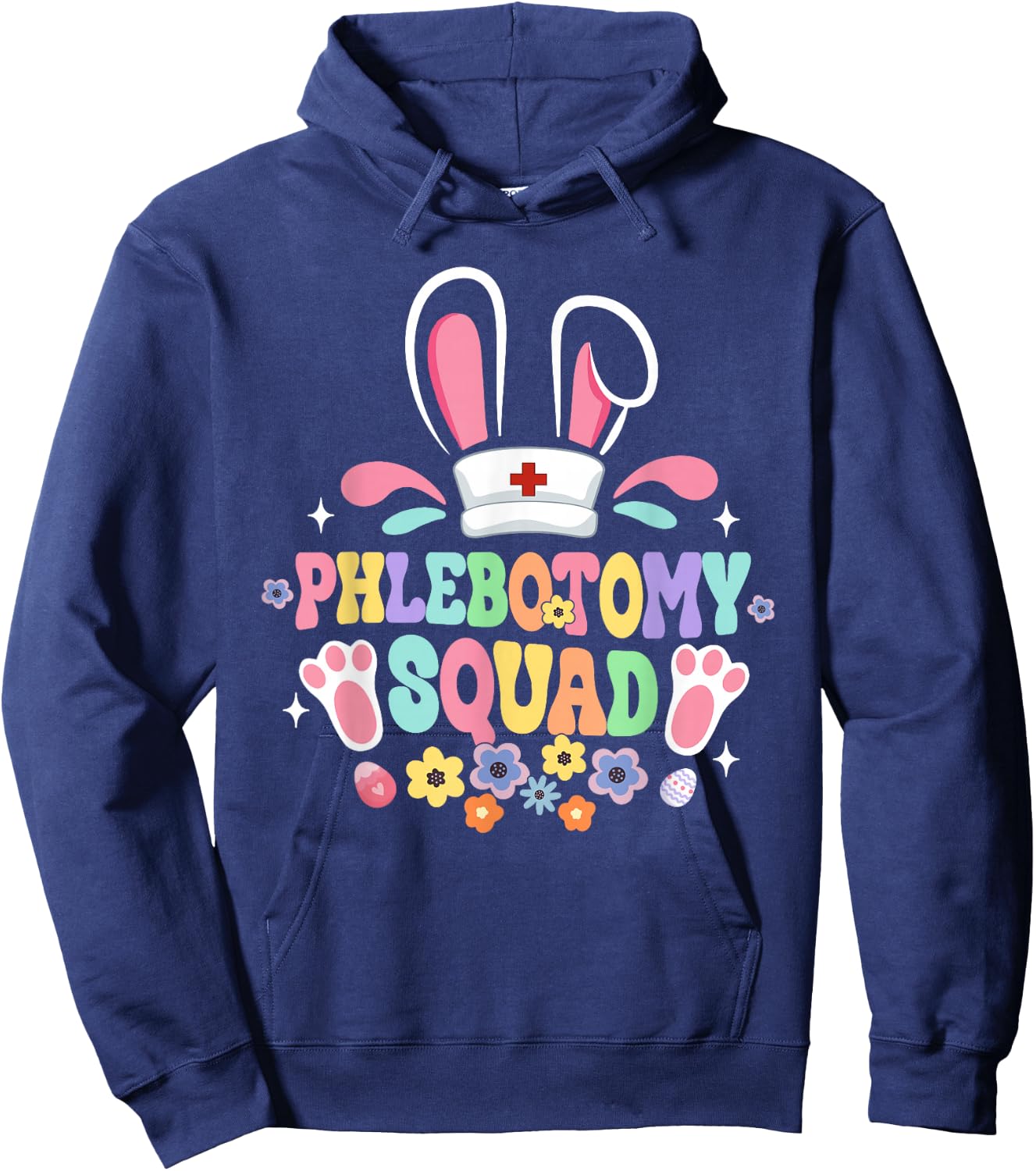 Groovy Phlebotomy Squad Phlebotomist Bunny Ear Flower Easter Hoodie - Hoodie | Navy