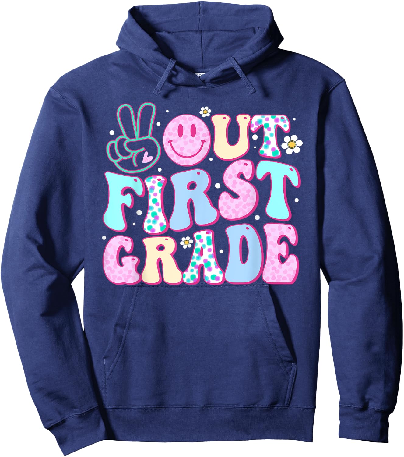 Peace Out First Grade Last Day Of School Groovy Boys Girls Hoodie - Hoodie | Navy