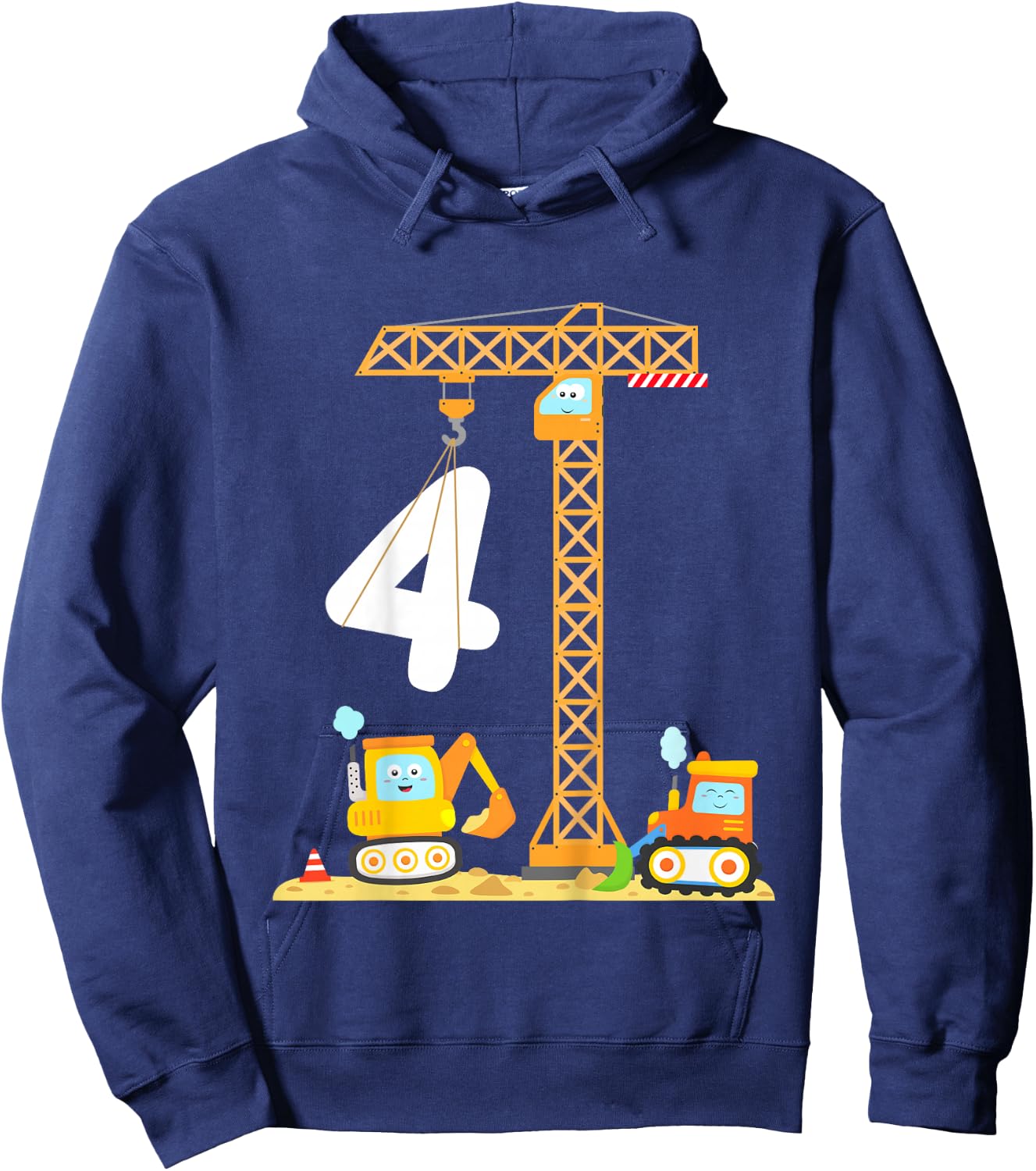 Kids Birthday 4 Year Old Boy Construction Vehicles Digger Crane Hoodie - Hoodie | Navy