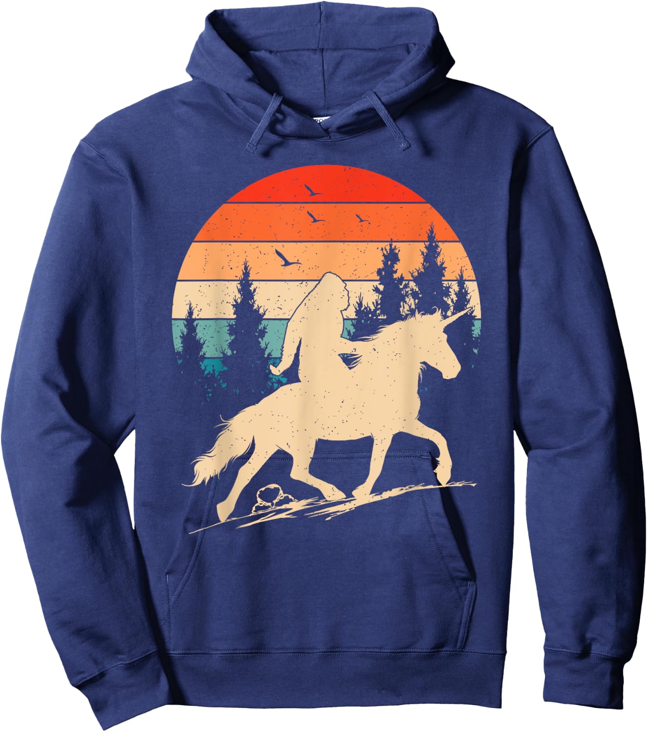 Bigfoot Riding Unicorn! Funny Sasquatch Unicorn Retro Sunset Hoodie - Hoodie | Navy