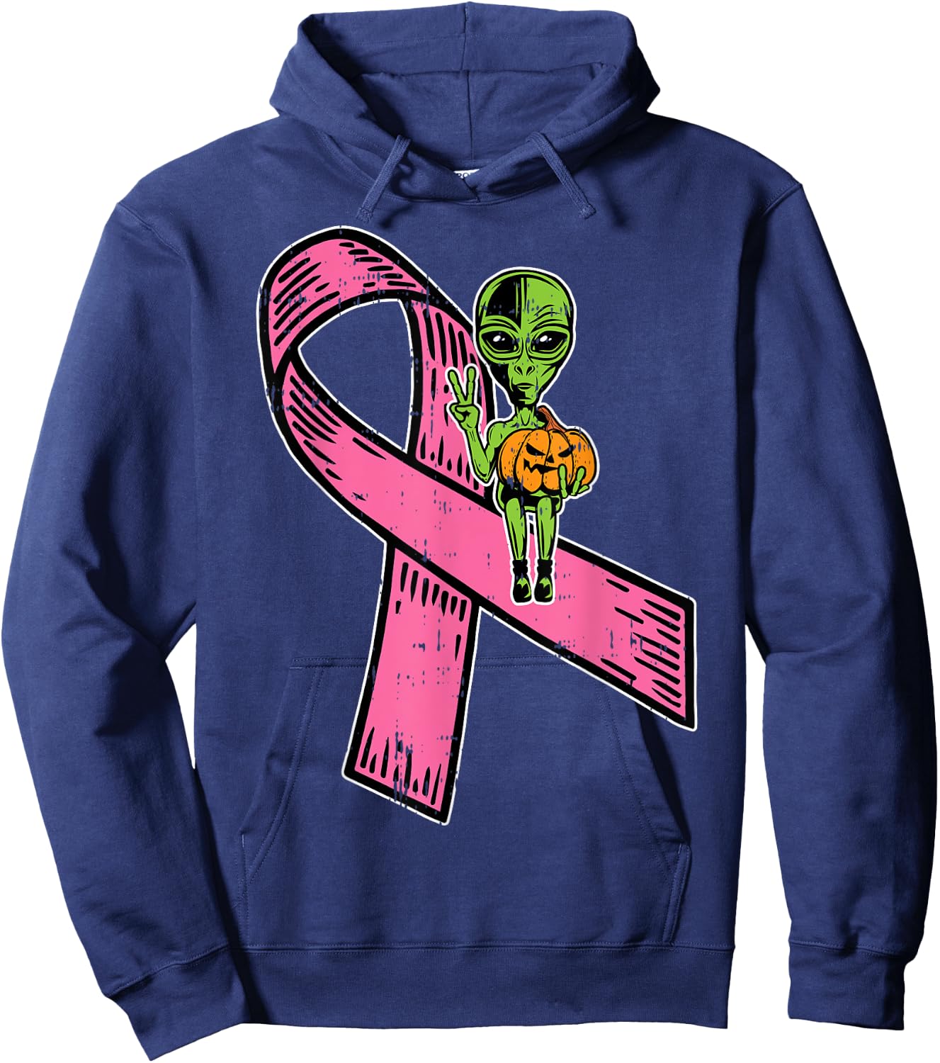 Pink Ribbon Alien Pumpkin Cool Halloween Breast Cancer Gifts Hoodie - Hoodie | Navy