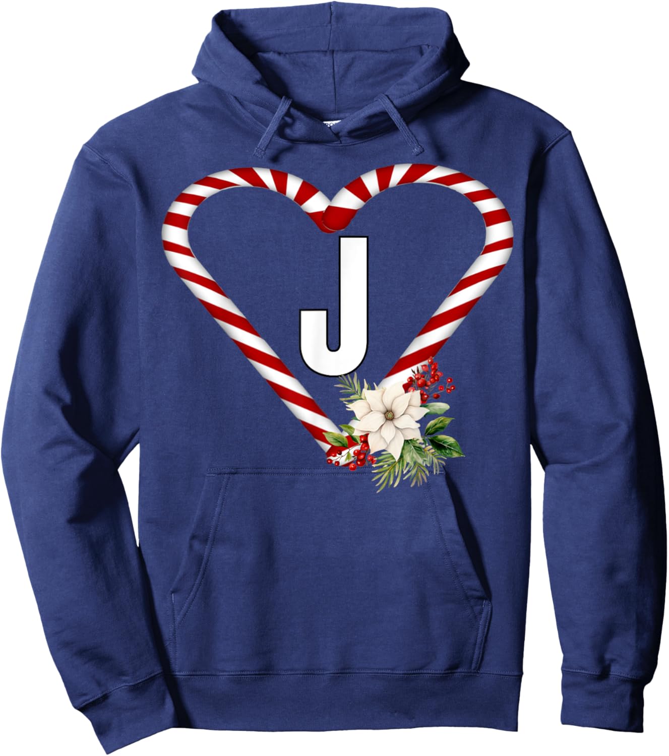 Letter J Christmas Candy Cane Holiday Novelty Christmas Hoodie - Hoodie | Navy