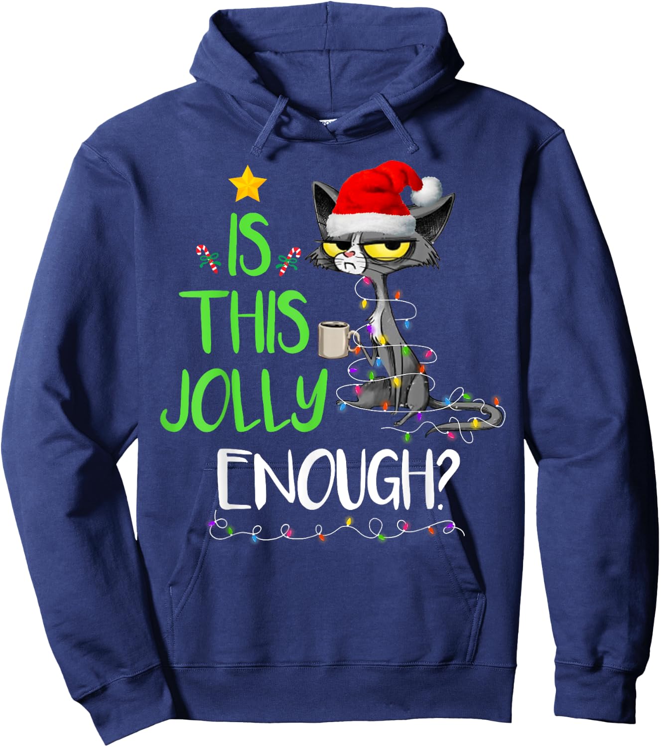Is This Jolly Enough Black Cat Merry Christmas Tree Lights Women Kids Hoodie - Hoodie | Navy