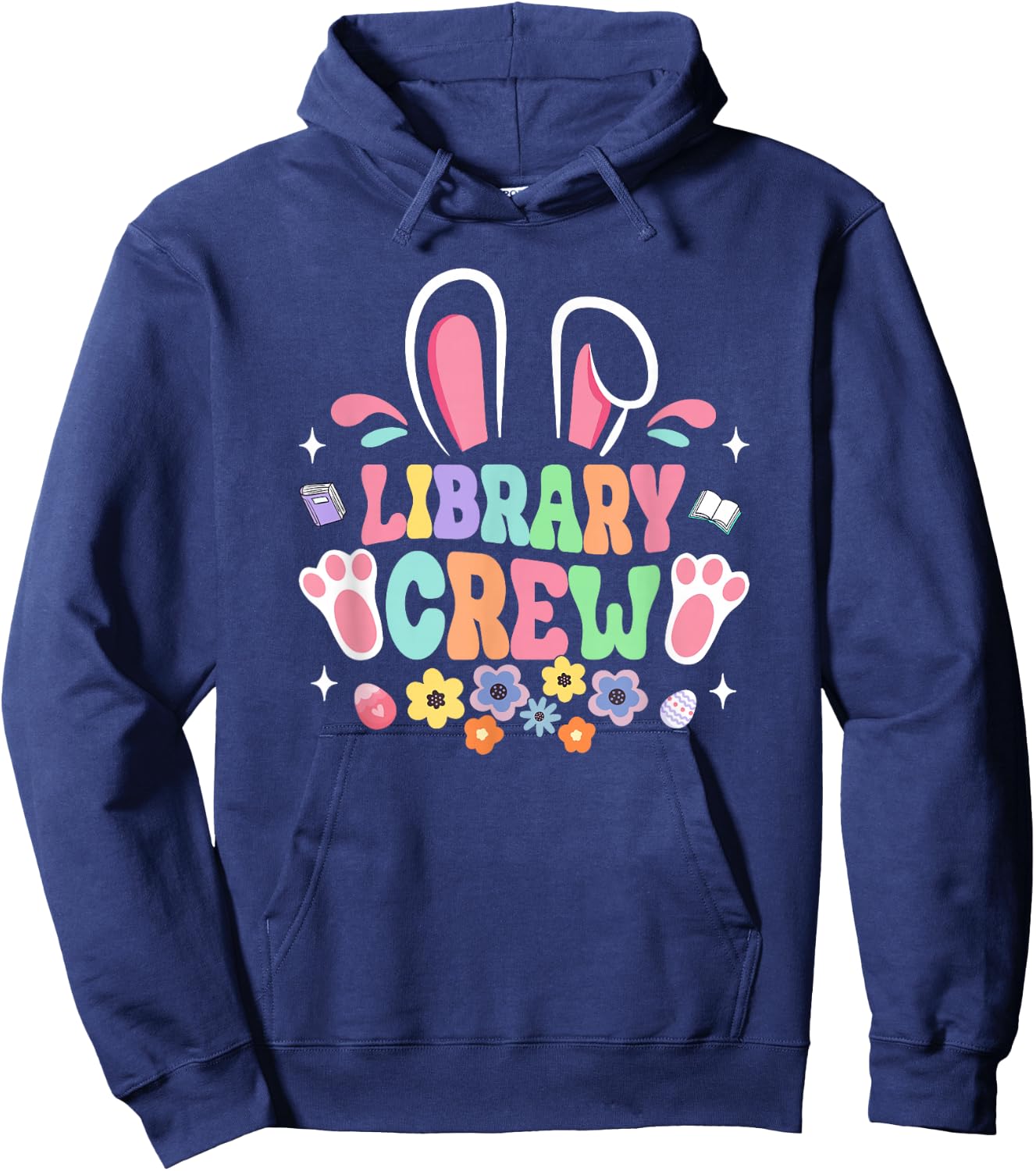 Retro Groovy Library Crew Librarian Bunny Ear Flower Easter Hoodie - Hoodie | Navy