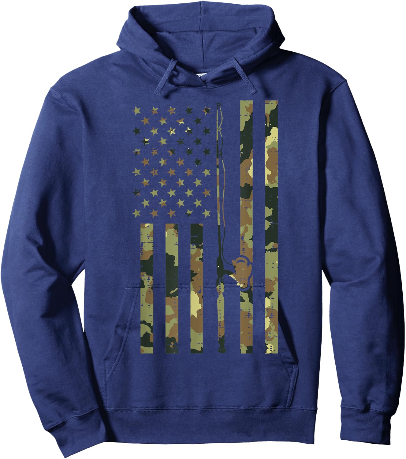 Camo US Flag Fishing Rod Pole Vintage Patriotic Fisherman Hoodie - Hoodie | Navy