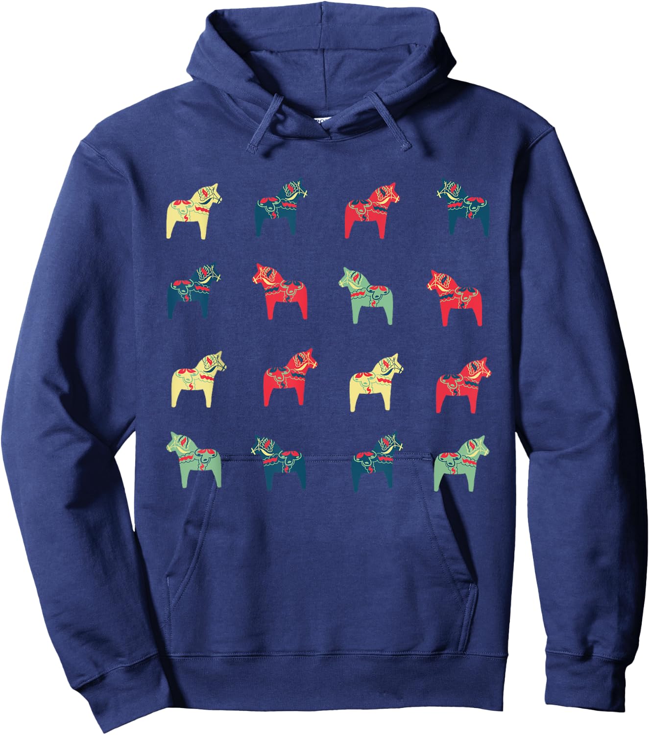 Swedish Dala Horses Dalecarlian Adults Black Small Modern Cartoon Embroidery Short Sleeve Hoodie - Hoodie | Navy