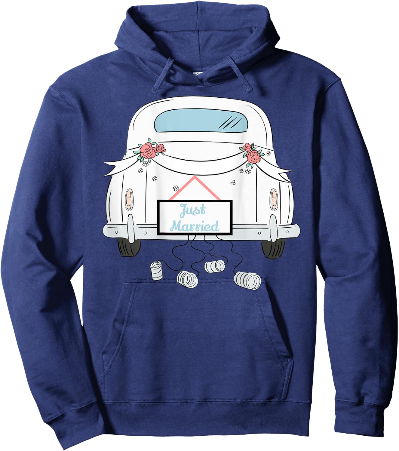 Just Married Honeymoon Car With Cans Design on Back Hoodie - Hoodie | Navy