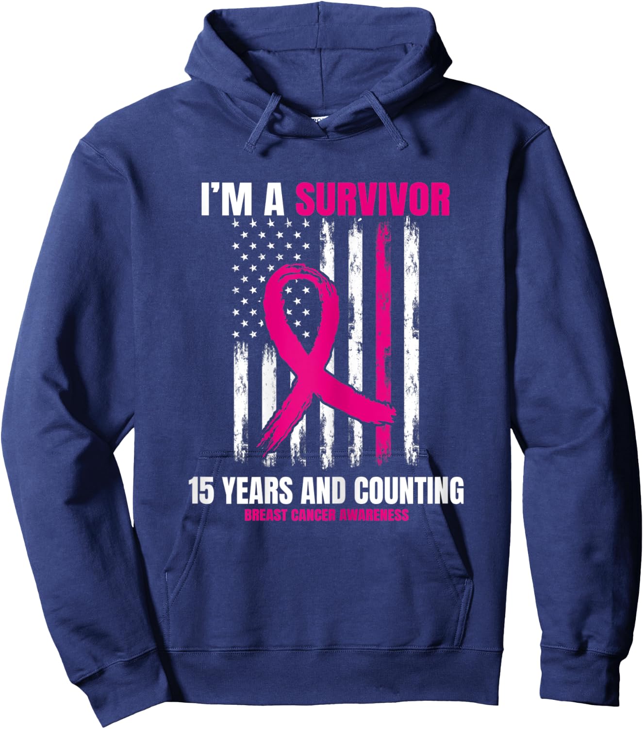 15 Year Survivor Gifts Pink Breast Cancer Awareness USA Flag Hoodie - Hoodie | Navy