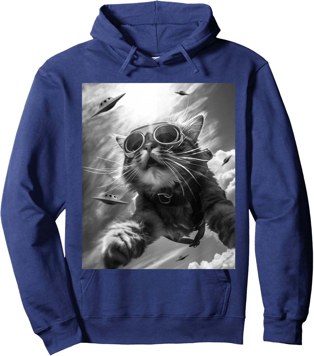 Funny Skydiving Cat Selfie with Alien UFOs Men Women Kids Hoodie - Hoodie | Navy