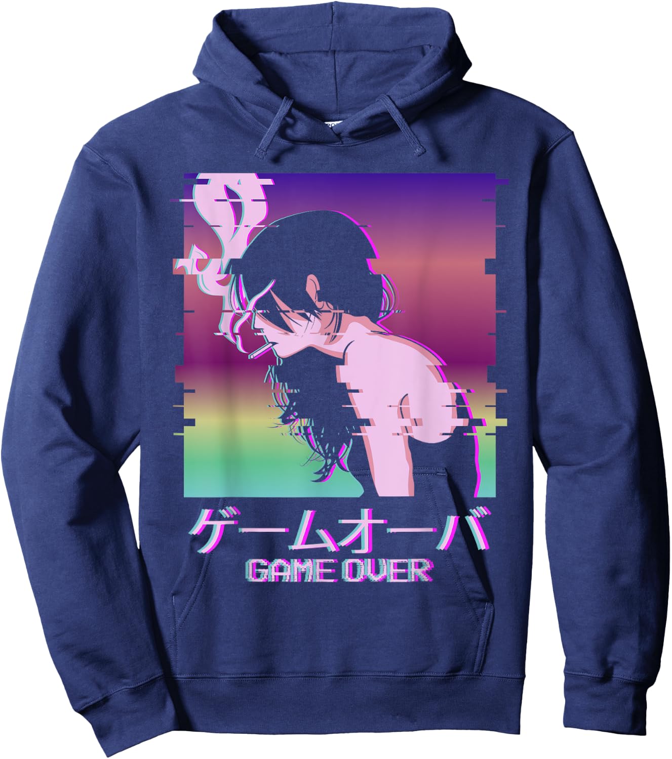 Japanese Vaporwave Sad Anime Girl Game Over Indie Aesthetic Hoodie - Hoodie | Navy