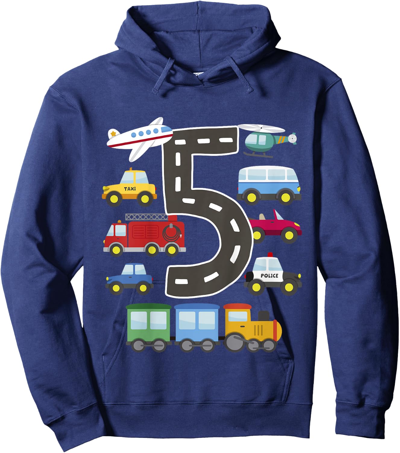 5 Year Old Transportation Birthday Car Train Plane 5th Gift Hoodie - Hoodie | Navy