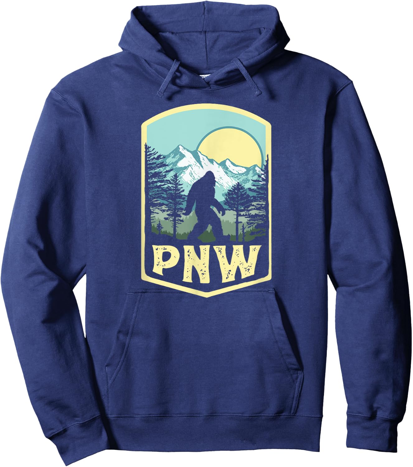 Vintage PNW Bigfoot Outdoor Badge Mountains & Trees Hoodie - Hoodie | Navy
