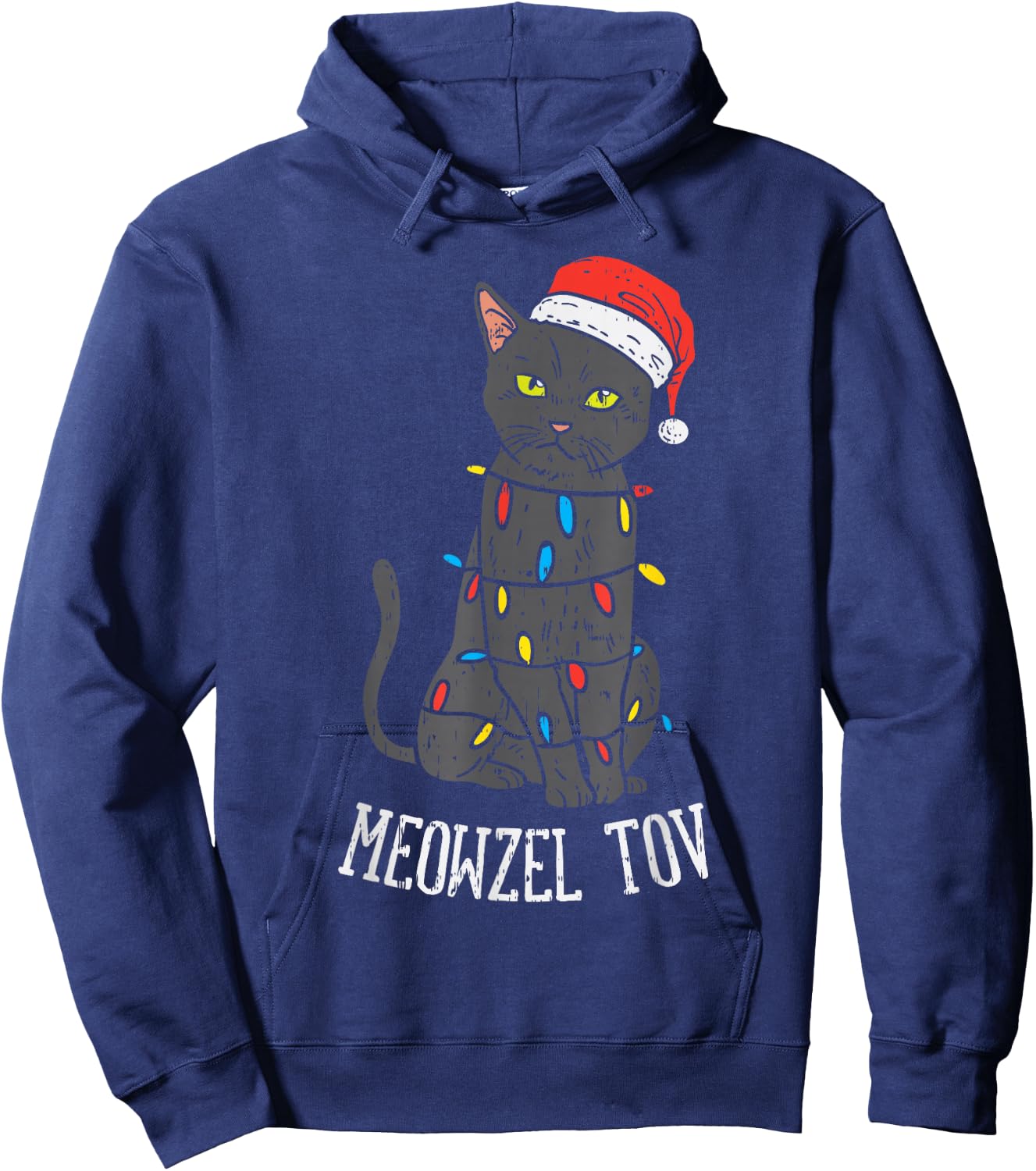 Meowzel Tov Hanukkah Black Cat Christmas Lights Pet Gift Hoodie - Hoodie | Navy