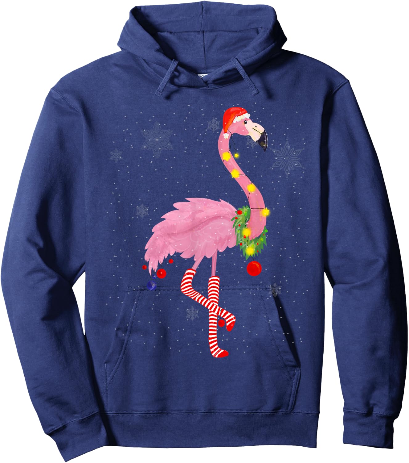 Cute Pink Flamingo with Snow, Lights and Santa Hat Christmas Hoodie - Hoodie | Navy