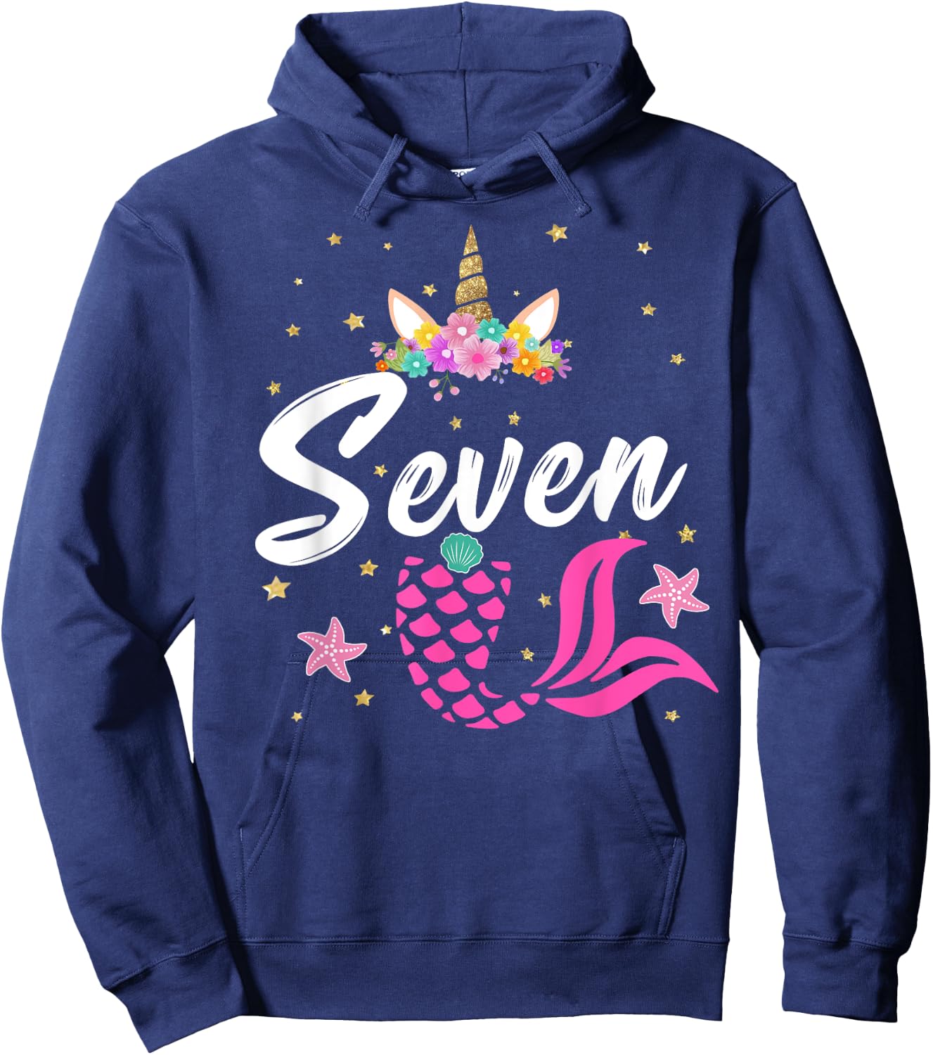 7th Birthday Girl Unicorn Shirt Mermaid Tail 7 Years Old Hoodie - Hoodie | Navy