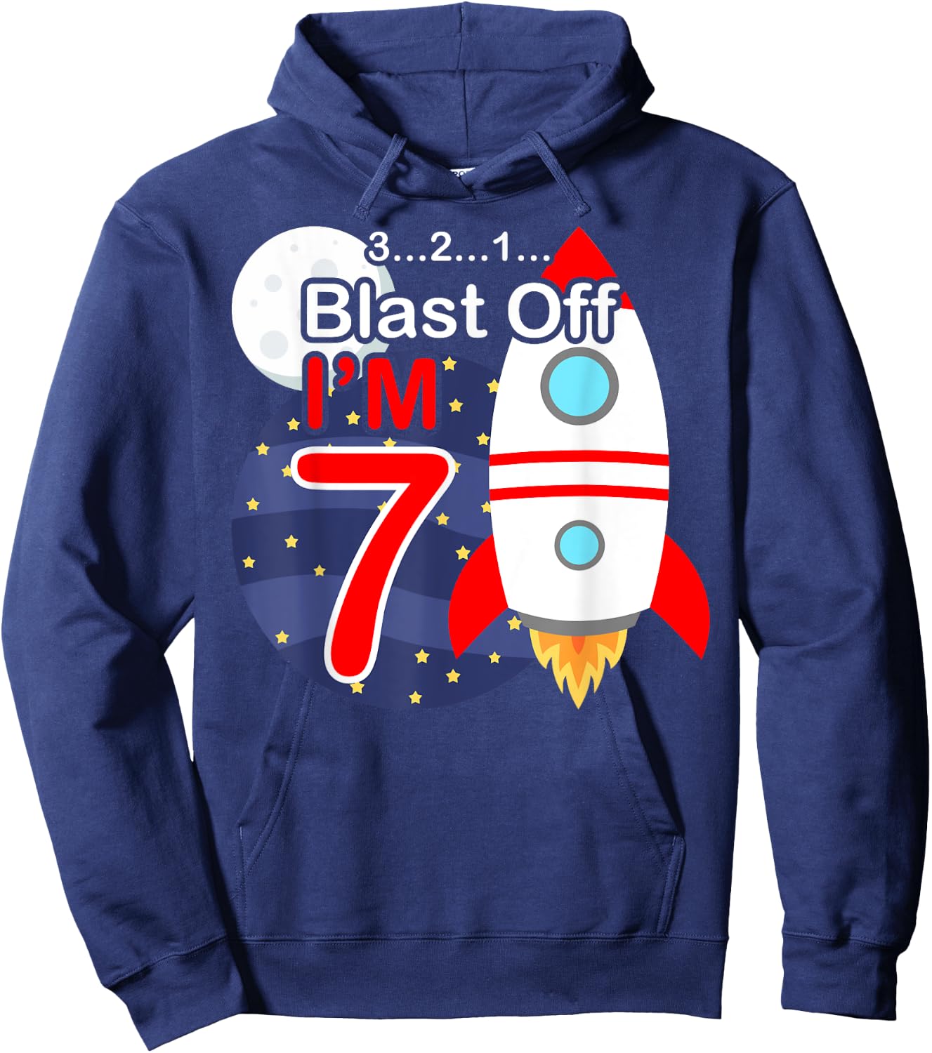 Funny 7th Birthday Gift Boys 7 Years Old Outer Space Rocket Hoodie - Hoodie | Navy
