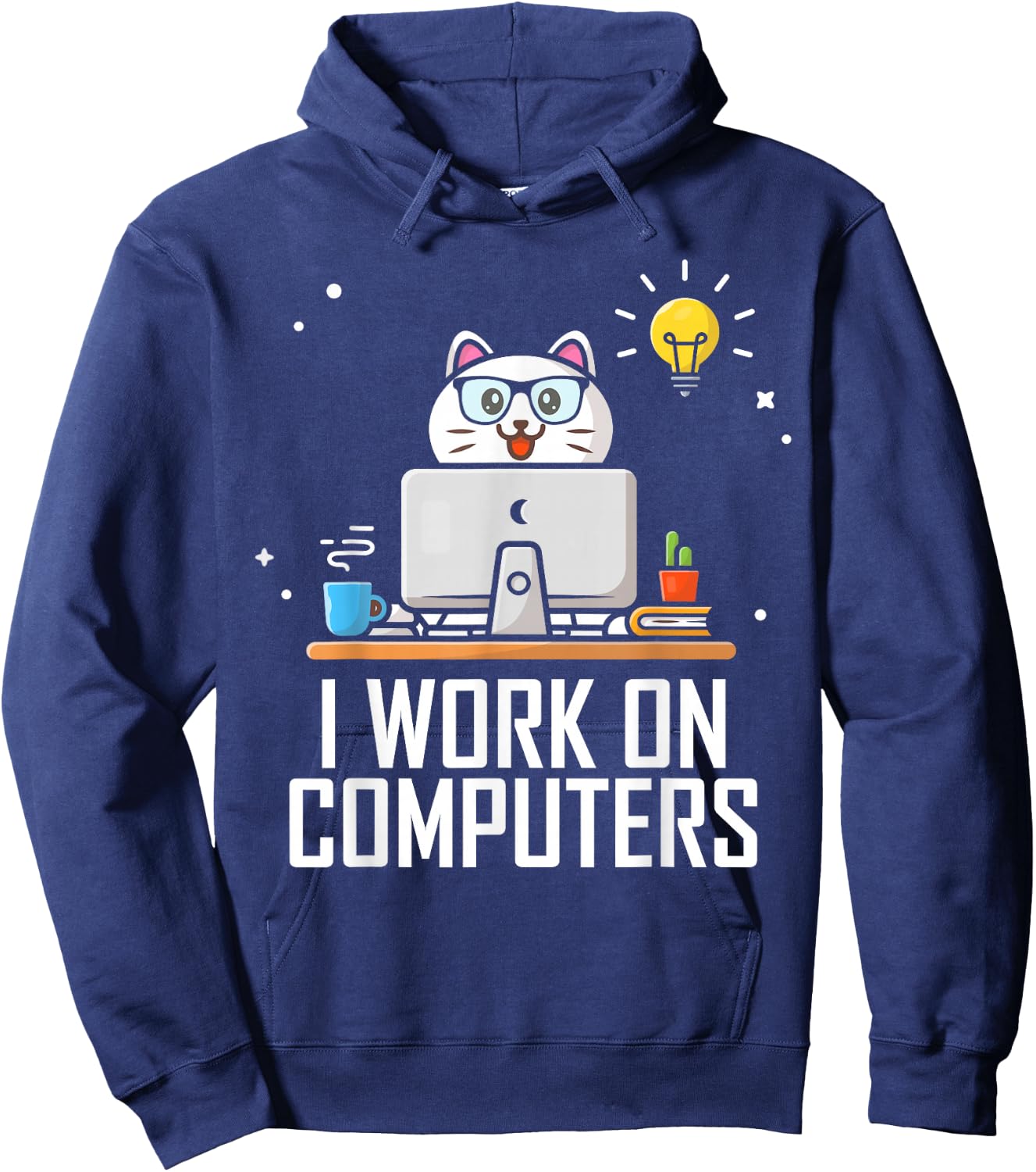 I Work on Computers Funny Cute Tech Coding Cat Working Men Women Hoodie - Hoodie | Navy