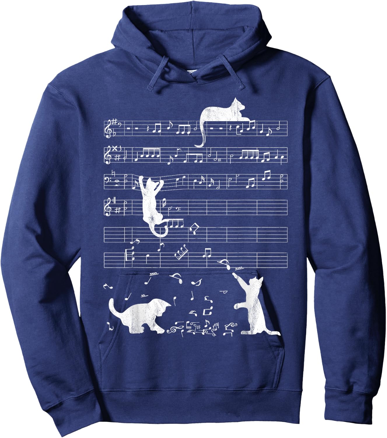Cute Cat Distressed Music Notes Kitty Piano Musician Women Kids Hoodie - Hoodie | Navy