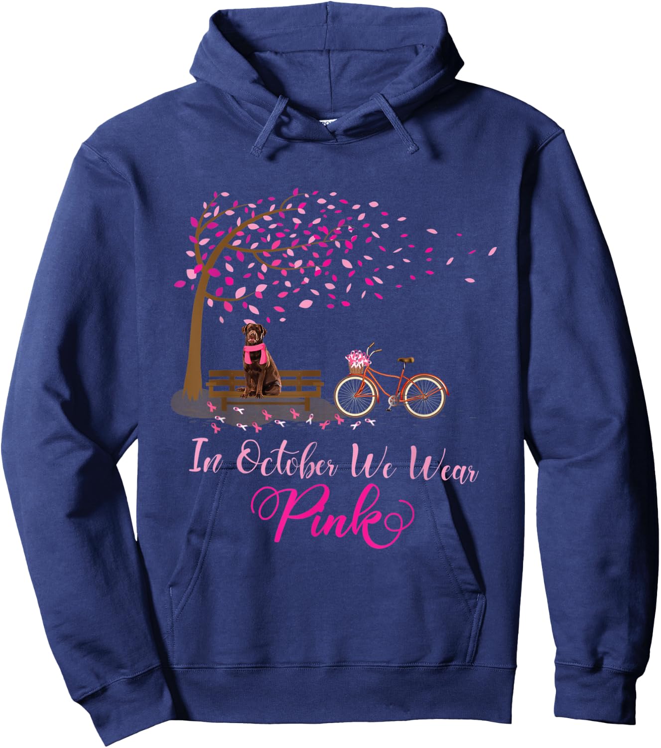 In October We Wear Pink Labrador Fall Leaves Breast Cancer Hoodie - Hoodie | Navy