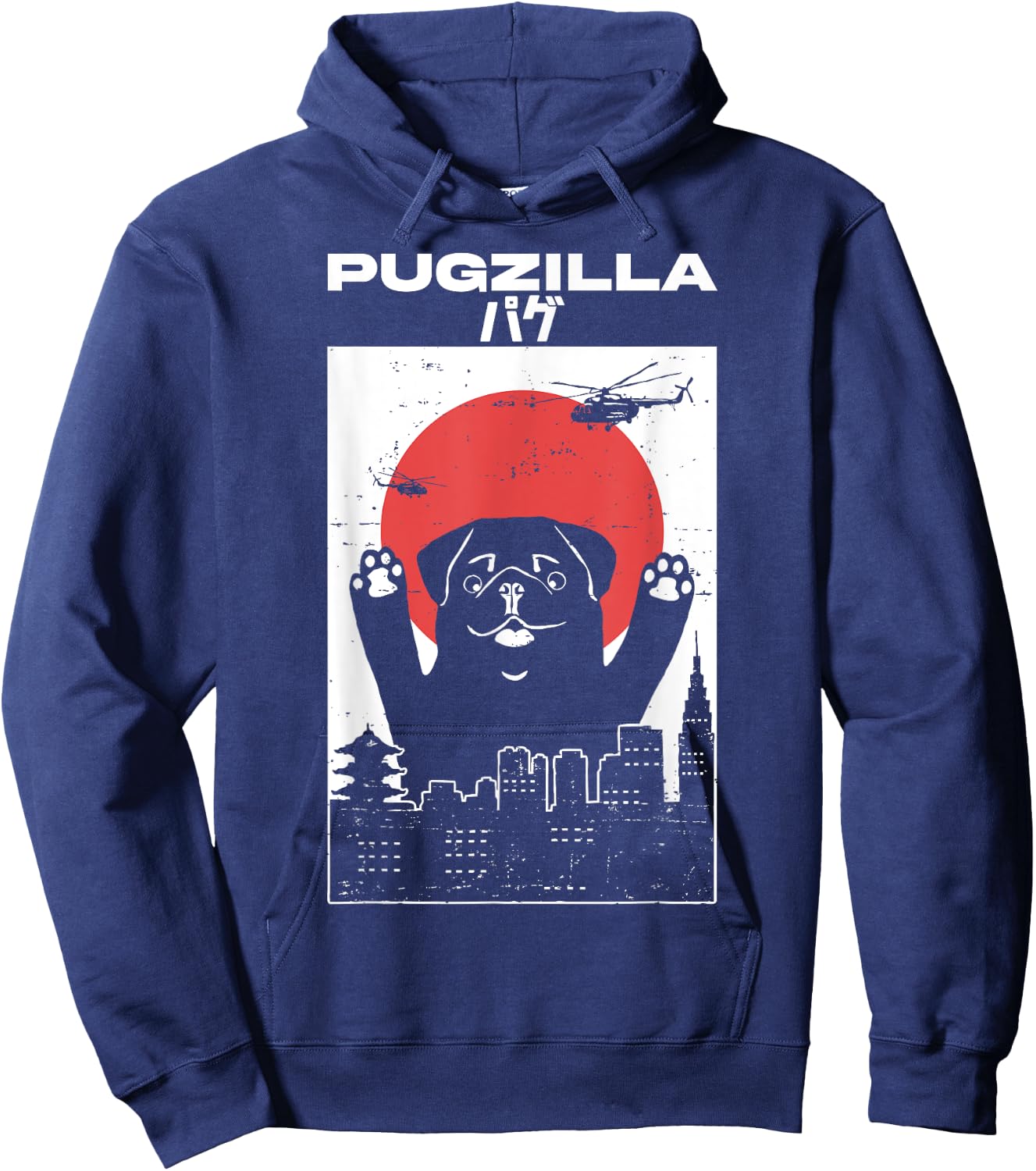 PUGZILLA - Funny Pug Anime in Tokyo and Helicopters Hoodie - Hoodie | Navy