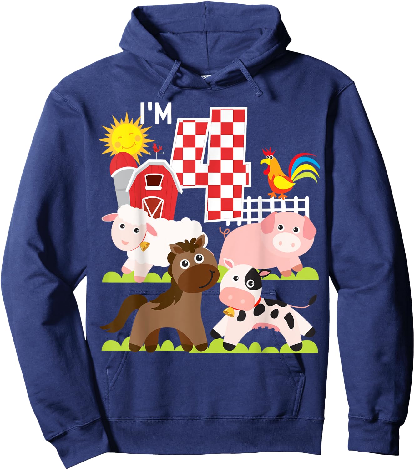Farm Animals Barnyard 4th Birthday I'm 4 Year Old Kid Hoodie - Hoodie | Navy