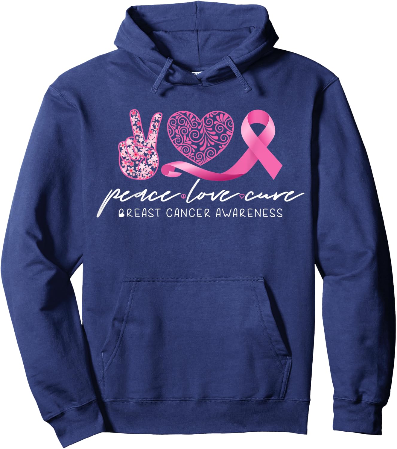 Peace Love Cure Breast Cancer Awareness Hoodie - Hoodie | Navy