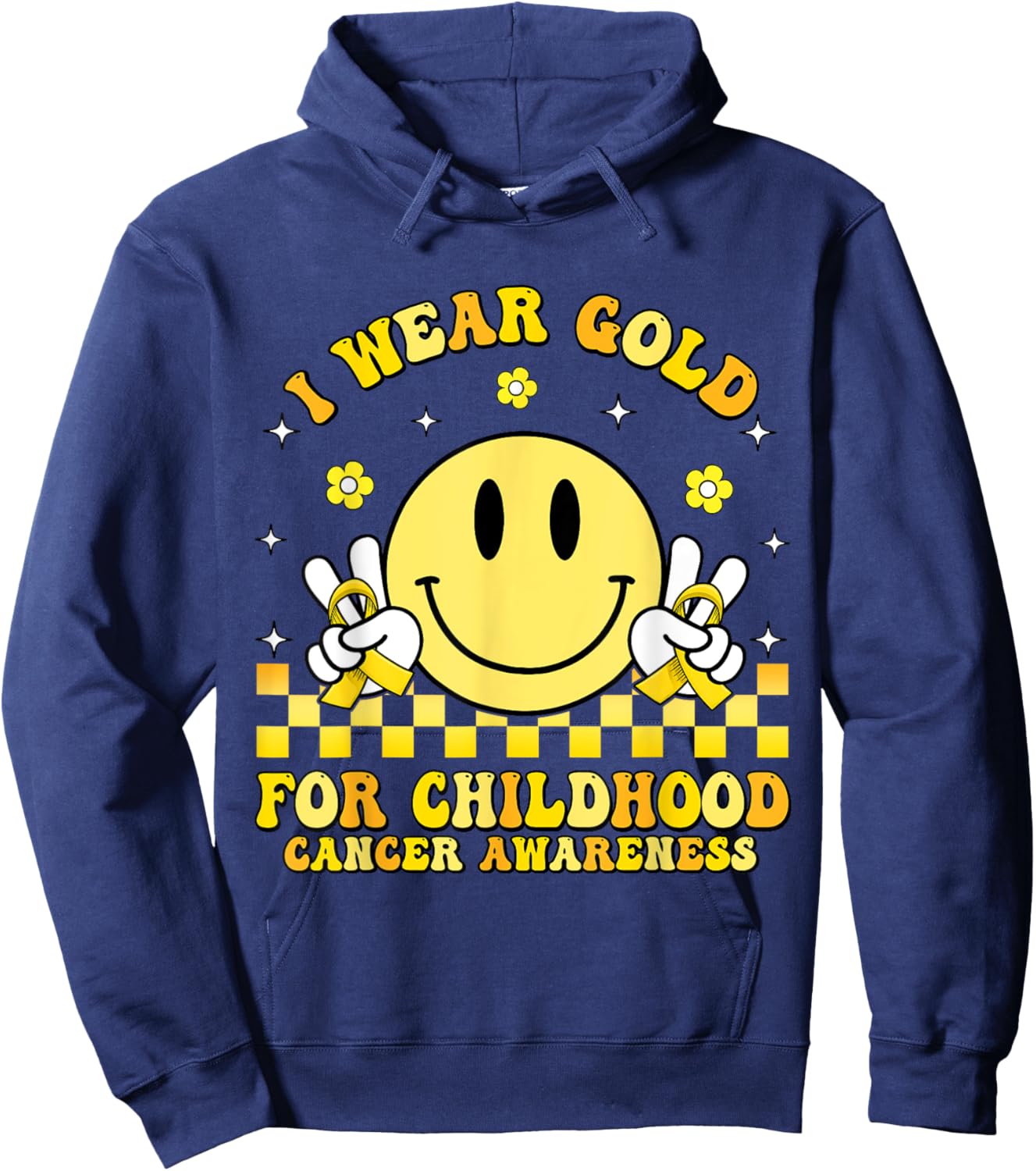 Groovy Retro Smile Face I Wear Gold For Childhood Cancer Hoodie - Hoodie | Navy