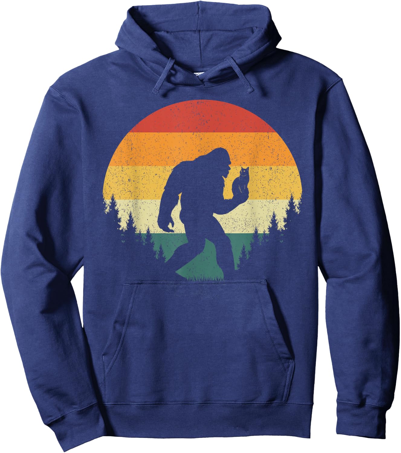 Bigfoot Holding Cat Funny Sasquatch Retro Vintage Sunset 80s Men Women Kids Hoodie - Hoodie | Navy