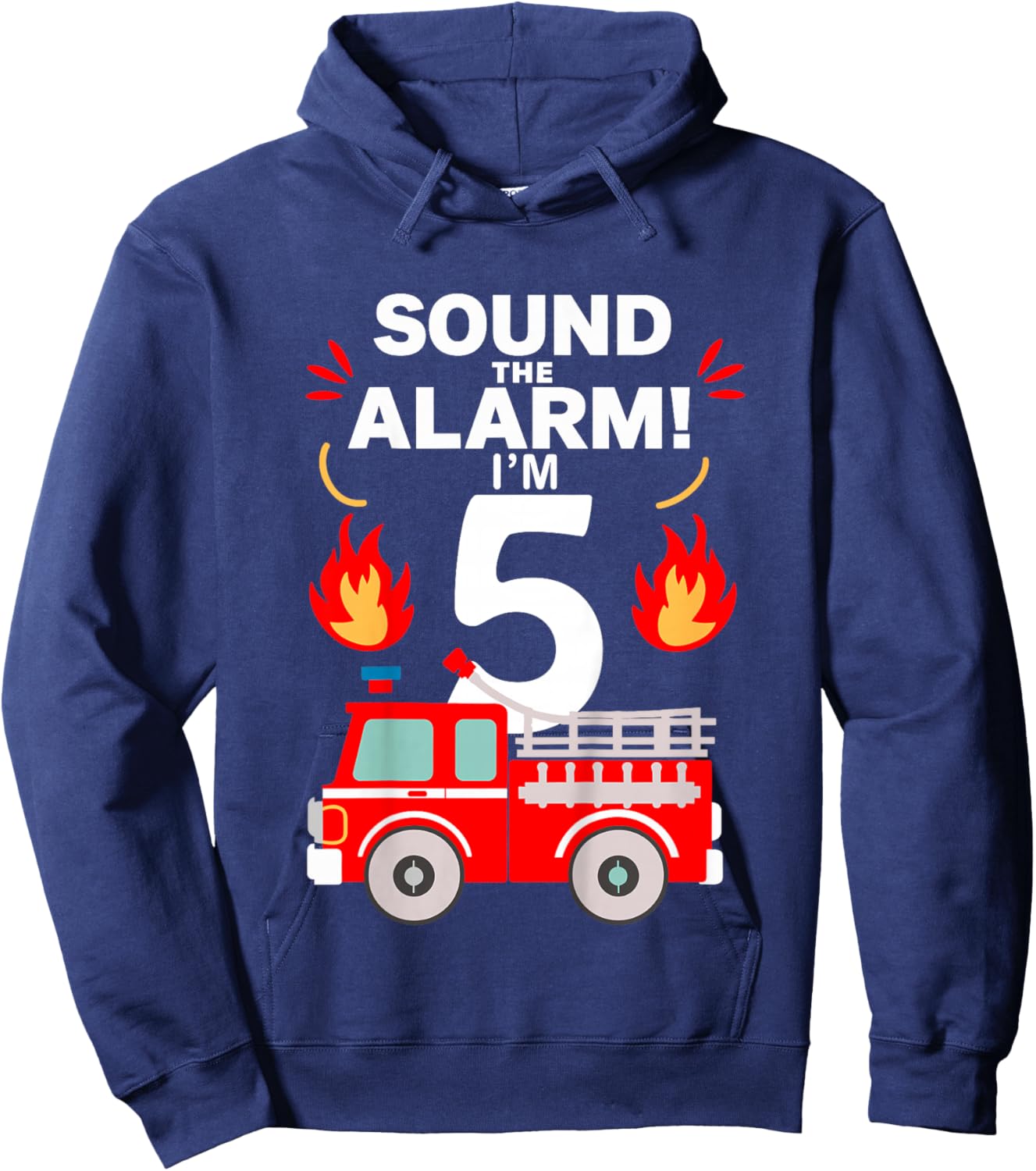 Kids 5th Birthday Fire Truck 5 Year Old Birthday Boy Firefighter Hoodie - Hoodie | Navy