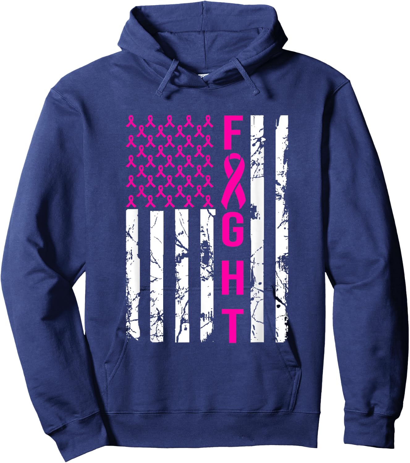 Breast Cancer Awareness FIGHT American Flag Pink Ribbon Women Men Hoodie - Hoodie | Navy