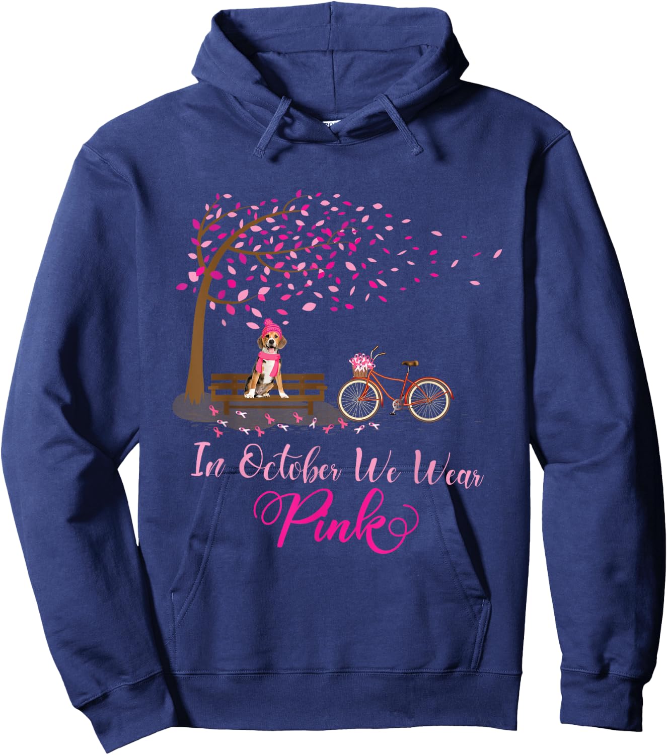 In October We Wear Pink Beagle Fall Leaves Breast Cancer Hoodie - Hoodie | Navy