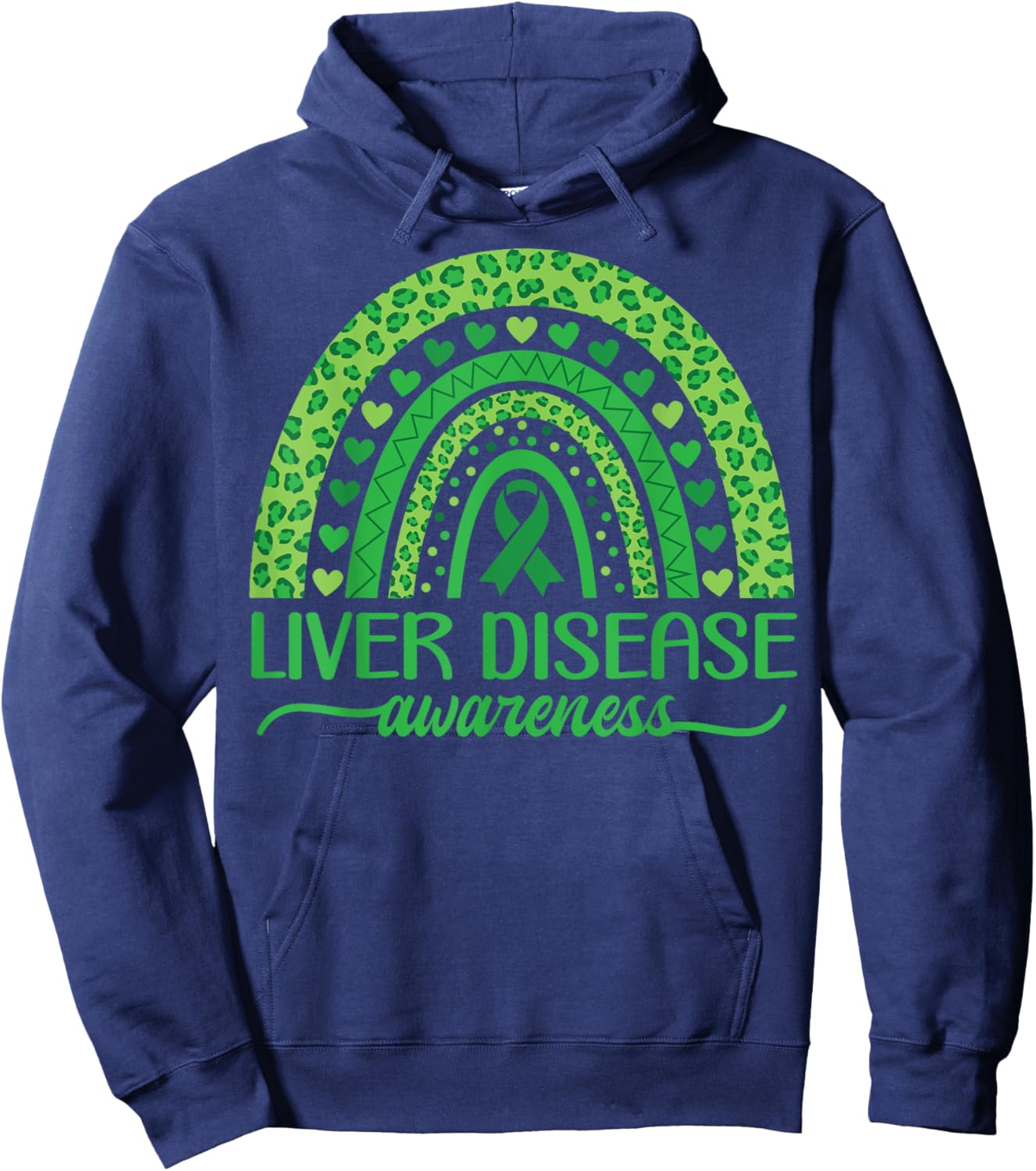 Boho Rainbow Liver Cancer Awareness with Green Ribbon Hoodie - Hoodie | Navy