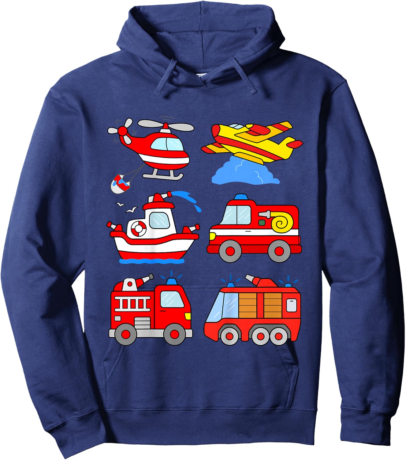 Kids Fire Engines Boys Toddlers Firefighter Boat Plane Helicopter Hoodie - Hoodie | Navy