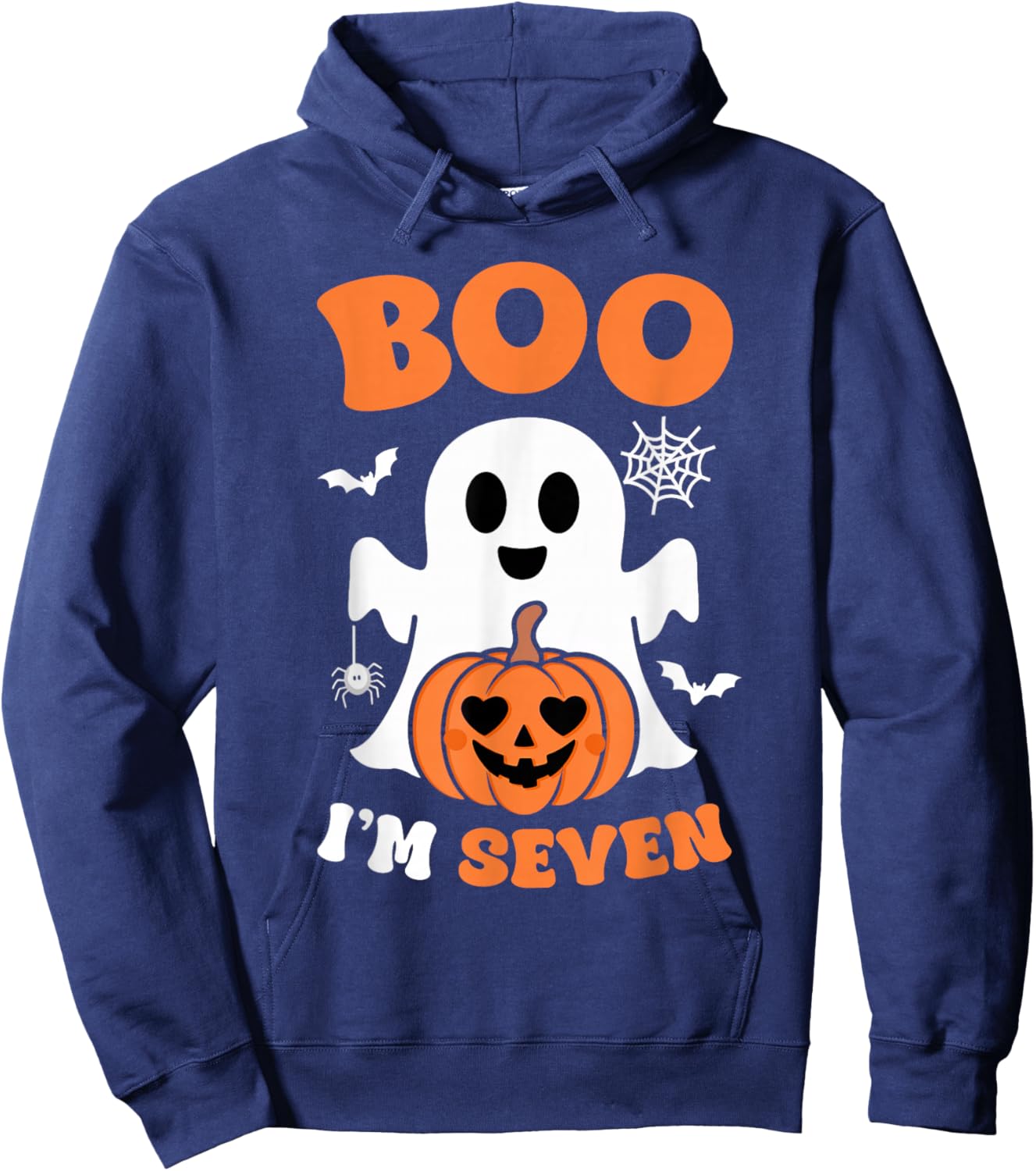 Ghost Boo I'm Seven Year 7th Birthday Boys Halloween Groovy Hoodie - Hoodie | Navy