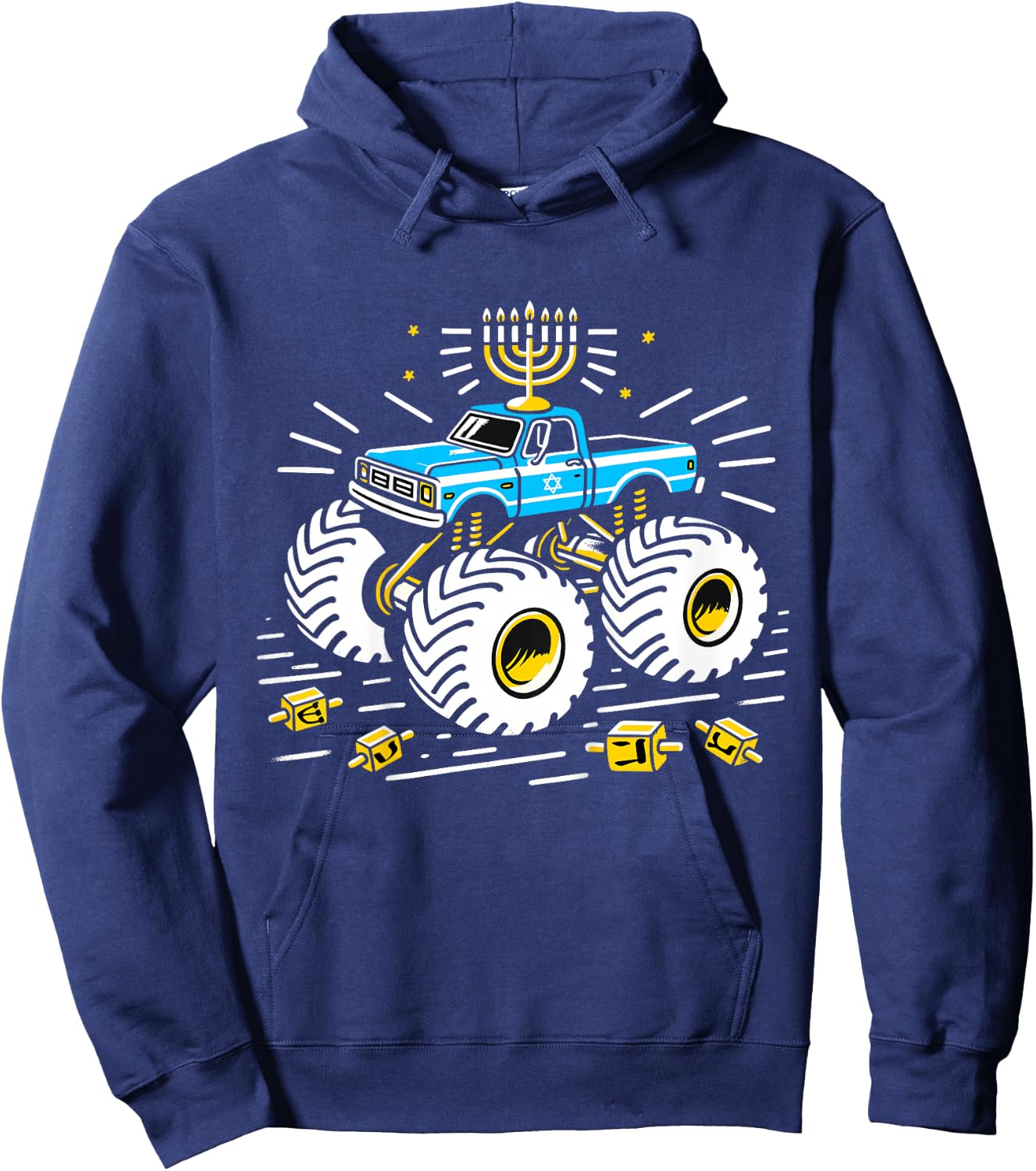 Kids Monster Truck Menorah Dreidel Toddler Boys Hanukkah PJs Hoodie - Hoodie | Navy