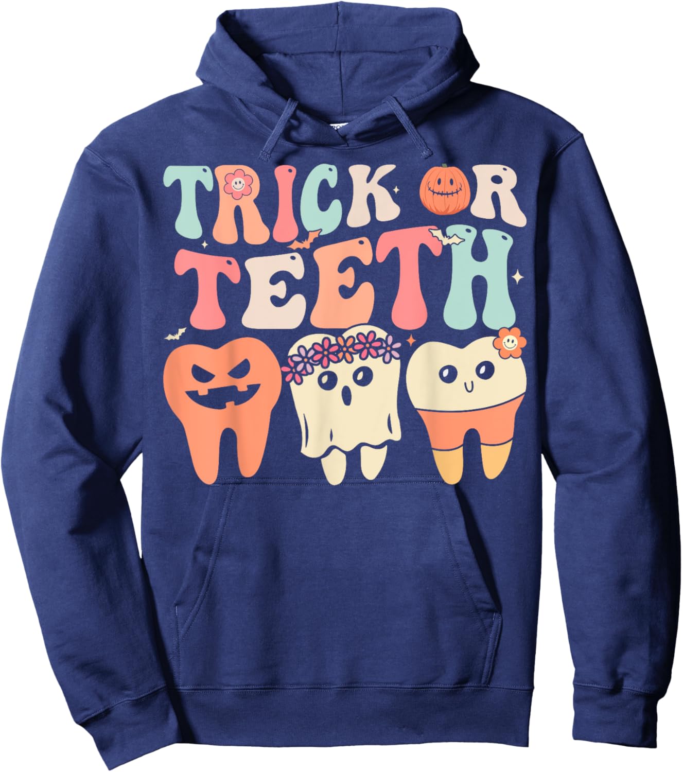 Retro Groovy Trick Or Teeth Dental Halloween Dentist Hoodie - Hoodie | Navy