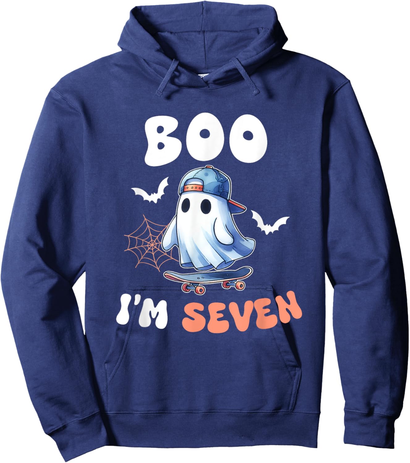 Boo I'm Seven Ghost Skateboard 7th Birthday Halloween Boys Hoodie - Hoodie | Navy